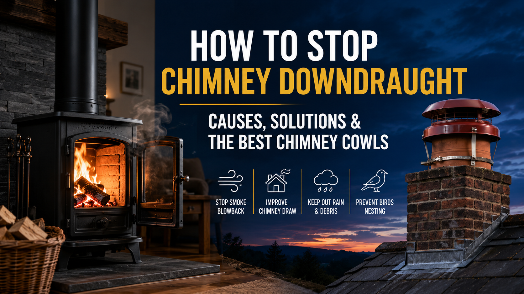 Learn how to stop chimney downdraught, improve chimney draw and reduce smoke blowback. Discover the best anti-downdraught chimney cowls for UK homes.